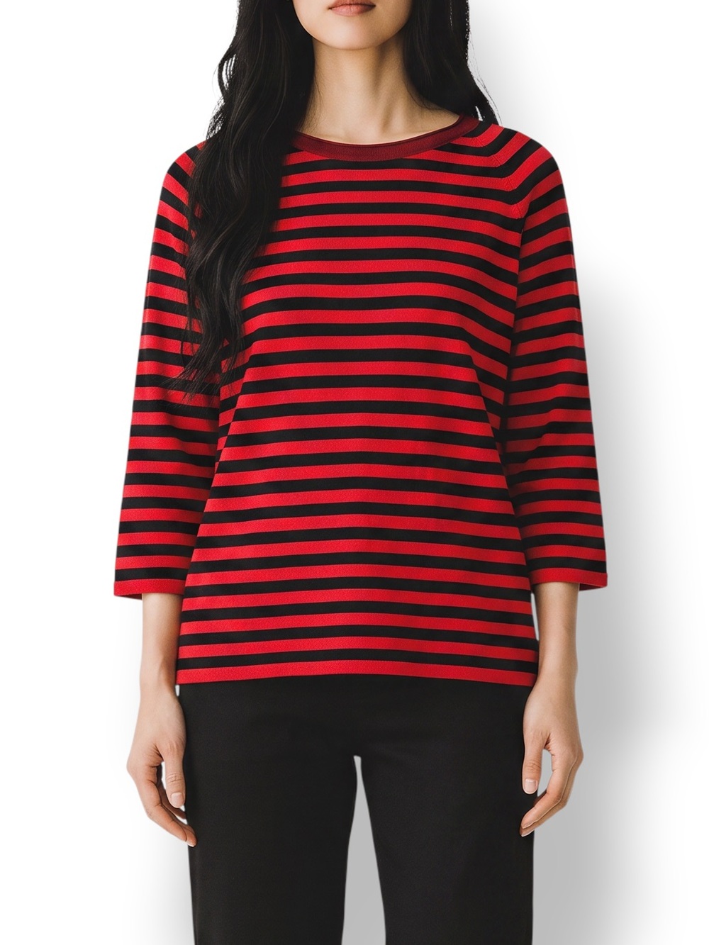 4/$20 Anne Klein A|Line Red Black Striped 3/4 Sleeve Knit Top Size Large